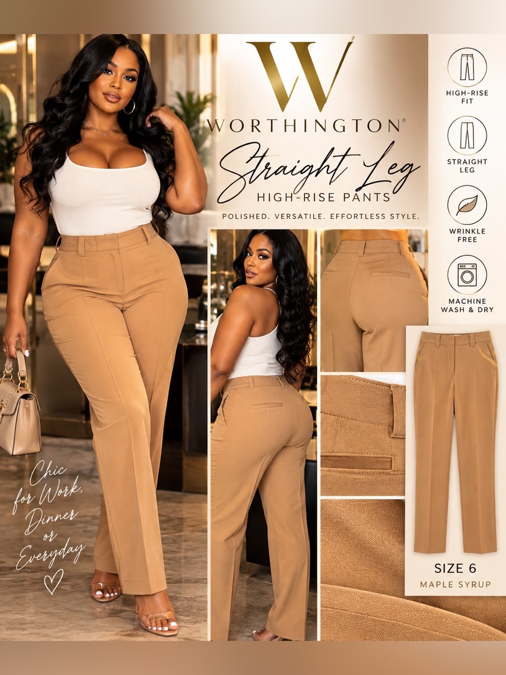 Worthington Straight-Leg High-Rise Pants - Maple Syrup size 6